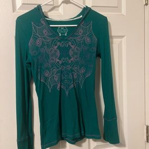 Green Fitted Boho Long-Sleeve Shirt with Hood